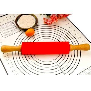 Silicone Pastry Mat (BLACK) and Rolling Pin (RED) Set with Measurements